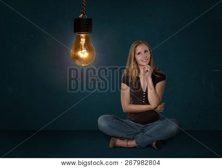 Young Woman Legged Thinking Floor Idea Brainstorm