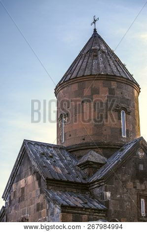 The Main Dome Of The Monastery Saghmosavank,standing On The Edge Of The Abyss Near The City Of Ashta