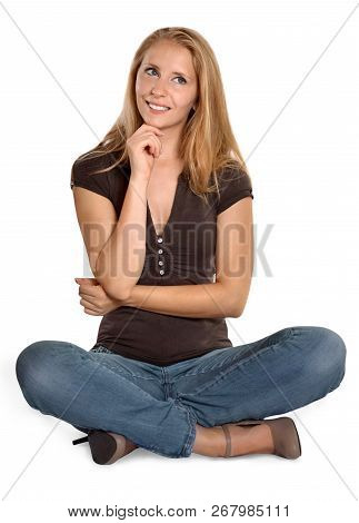 Young Woman Legged Thinking Floor Idea Brainstorm