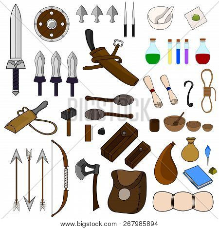 Collection Of 46 Items For Adventure Isolated On White Background. Adventurer Equipments. Medieval W