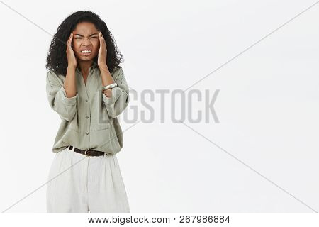 Woman Cannot Concetrate On Work Suffering Headache. Bothered Displeased Businesswoman Workaholic Squ