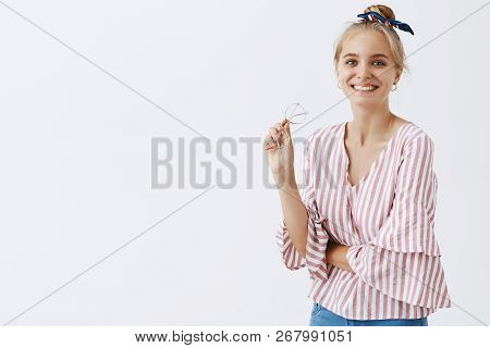 Cute And Carfree Friend Eager To Share Her Positive Emotions. Portrait Of Charming Happy Blond Femal