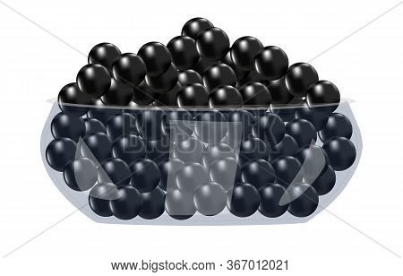 Black Caviar In Glass Bowl Isolated On White Background. Eating Appetizer And Meal Luxury Tasty Ingr