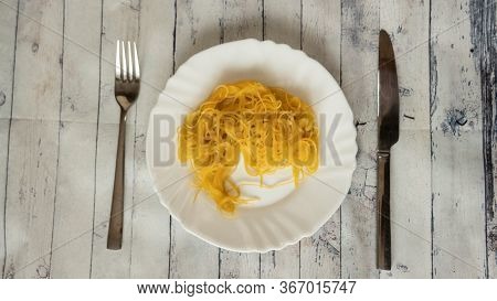 Bad Pasta Server Table Fork And Knife On Wooden Table, Rotten Pasta, Dry