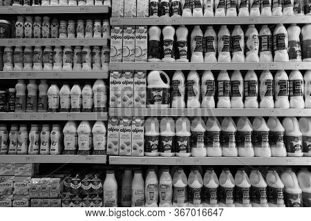 Dubai Uae December 2019 Milk Bottles Arranged On Shelves For Sale. Variety Of Sizes. Also Present Fl