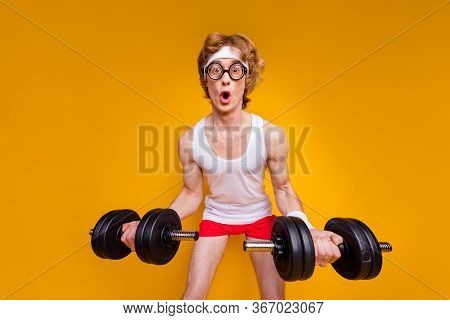 Portrait Of His He Nice Funky Motivated Amazed Comic Childish Foxy Guy Doing Work Out Trainer Progra