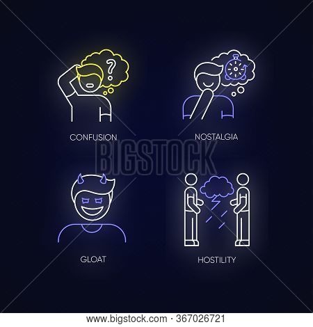 Human Attitude Neon Light Icons Set. Man Think In Confusion. Person Experience Nostalgia. Evil Gloat