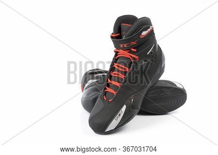 Boots Of The Brand Tcx And Model Rush Wp Red, Black, And White. Photograph Taken On May 19, 2020 In 