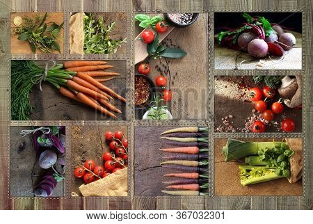Mixed Fresh Ripe Colorful Vegetables Collage On Old Wooden Rustic Background. Vegetarian, Healthy Fo