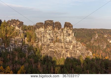 Germany. Bastei Rocks In Swiss Saxony. Around The Ruins Of Neurathen Castle.