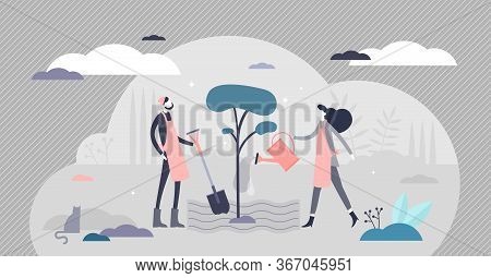 Planting Vector Illustration. Tree Cultivation Flat Tiny Persons Concept. Forestation Process As Sus