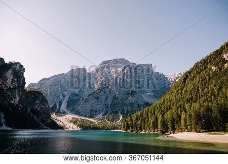Rocky Mountains With Green Forests At Lago Di Braies. Braies Lake In The Dolomites In South Tyrol, I