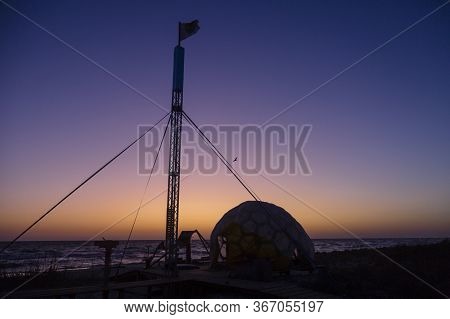 Summer Camp With A Flag In The Southern Steppe At Sunset, Kinburn Foreland Shore, Black Sea, Ukraine