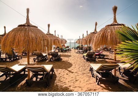Popular Tenerife Beach At Sunset, Resort Vacation Concept, Beach In Island Of Tenerife, Costa Adeje