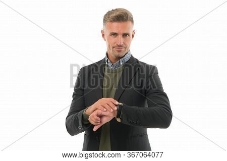 Time Counting. Handsome Mature Man Boss. Appreciate Punctuality. Businessman Check Time Isolated On 