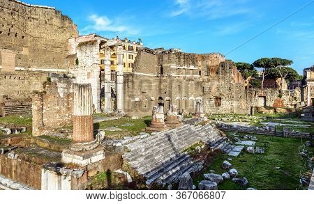 Forum Of Augustus In Summer, Rome, Italy, It Is Historic Tourist Attraction Of Rome. Urban Landscape