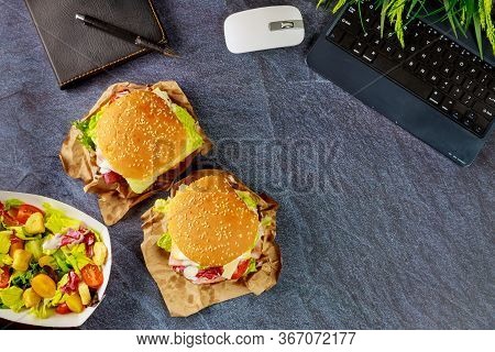 Fast Food Ordering, Sandwich And Salad. Work From Home Concept.