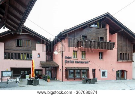 Triesenberg, Liechtenstein - October 2019: Building Exterior Of Kulm Hotel And Restaurant Located On