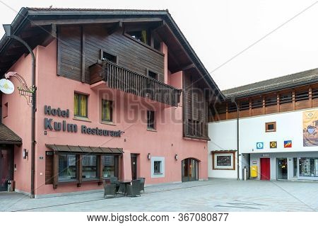Triesenberg, Liechtenstein - October 2019: Building Exterior Of Kulm Hotel And Restaurant Located On