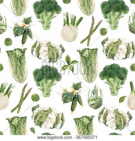 Beautiful Vector Seamless Pattern With Watercolor Hand Drawn Green Vegetables. Stock Illustration. H
