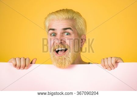 Man Holding Card, Man With Banner, Isolated Yellow Background, Man Showing Empty Card