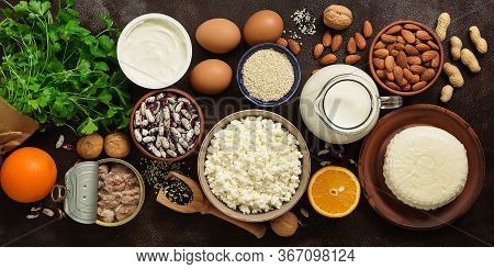 High Calcium Foods, Banner. A Variety Of Products Rich In Calcium. Top View, Flat Lay