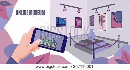 Online Museum Stock Vector Illustration. Online Museum Theme Banner. Campaign To The Gallery Remotel