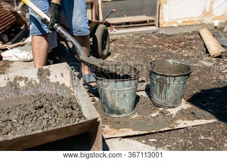 Work With Cement Mortar, Pouring Cement Mortar Wall, Foundation And Floor.