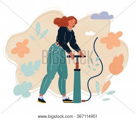 Woman Filling Air In With Pumper. Pump It Up Concept.