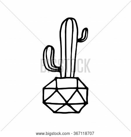 Doodle Cactus In A Faceted Pot. Scratchy Hand-drawn Succulent With Poly Flower Pot. Black Outline Of