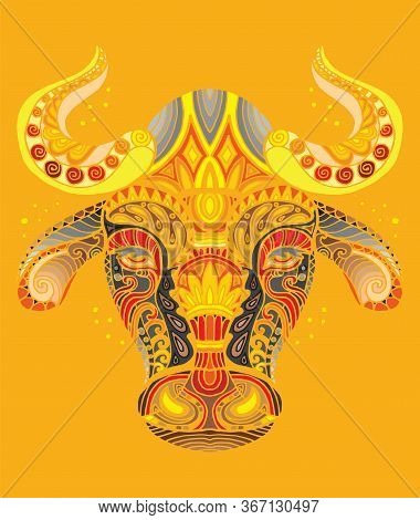 Vector Decorative Doodle Ornamental Head Of  Bull. Abstract Vector Colorful Illustration Of Bull Hea