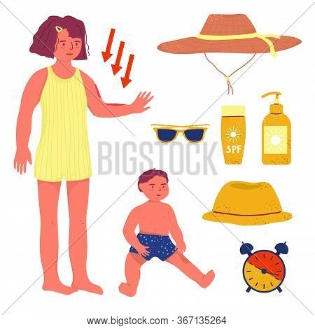 Kids Sun Protection Vector Flat Illustration. Spf Cream And Protective Stuffs For Skin. Kid Sun Crea