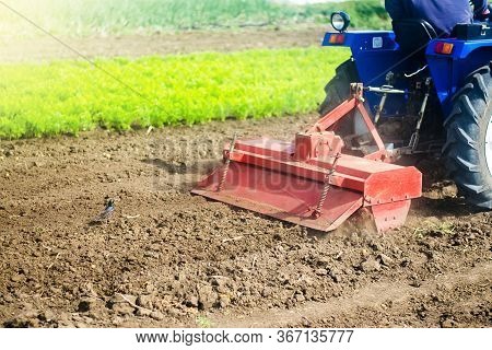 Tractor With Milling Machine Loosens, Grinds And Mixes Soil. Loosening The Surface, Cultivating The 