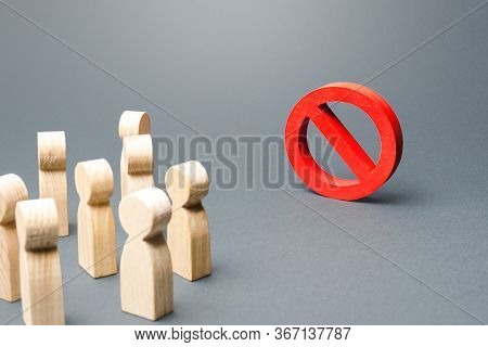 People Look At Red Prohibition Sign No. Restriction Of Rights And Freedoms, Legislative Prohibition 