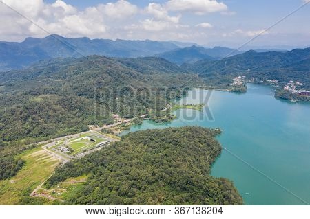 aerial landscape with famous Xiangshan Visitor Center at Sun Moon Lake, Nantou, Taiwan