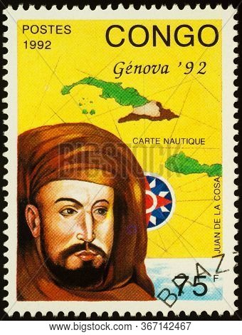 Moscow, Russia - May 19, 2020: Stamp Printed In Congo Shows Portrait Of Juan De La Cosa (1450-1510),