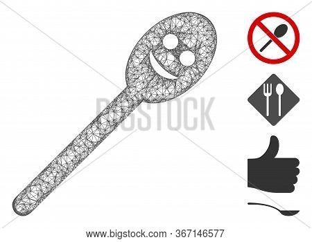 Mesh Happy Spoon Web Icon Vector Illustration. Model Is Based On Happy Spoon Flat Icon. Network Form
