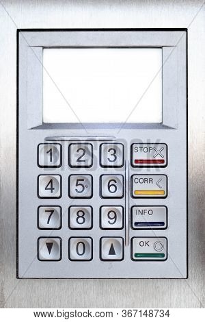 Modern Silver Keypad With A Blank Shining Display, Copy Space. Stop, Correct, Info And Ok / Accept B