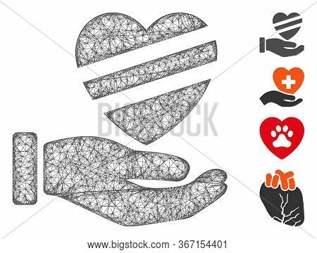 Mesh Sick Heart Care Hand Web Icon Vector Illustration. Carcass Model Is Based On Sick Heart Care Ha