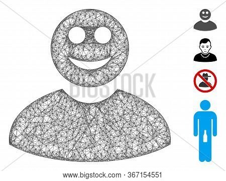 Mesh Smiled Man Web Icon Vector Illustration. Carcass Model Is Based On Smiled Man Flat Icon. Networ