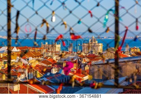 Lovelocks Attached To Santa Justa Lift In Lisbone City, Portugal