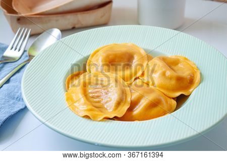 Italian Pasta Ravioli Capelli Filled With Shrimps And Salmon