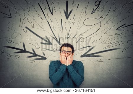 Stressful Businessman, Looks Scared, Biting His Finger Nails, Nervous Gesture, Being Under Pressure 