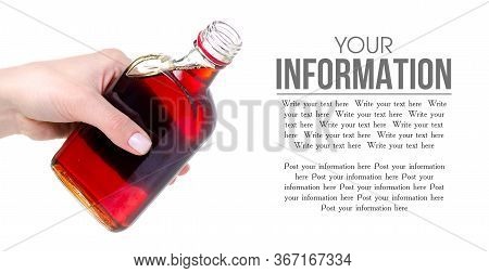 Bottle Rosehip Syrup In Hand On White Background Isolation, Space For Text