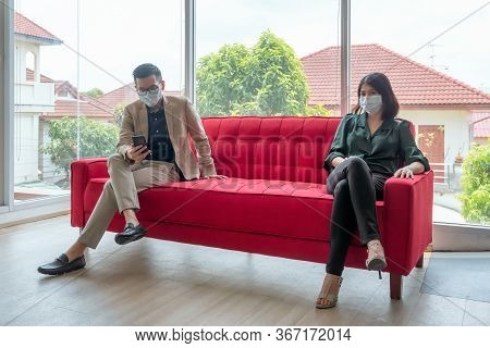 Business Employees Wearing Mask During Work In Office To Keep Hygiene Follow Company Policy.preventi