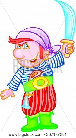 Cartoon Pirate Kid With A Sword, Isolated Object On White Background, Vector Illustration, Eps