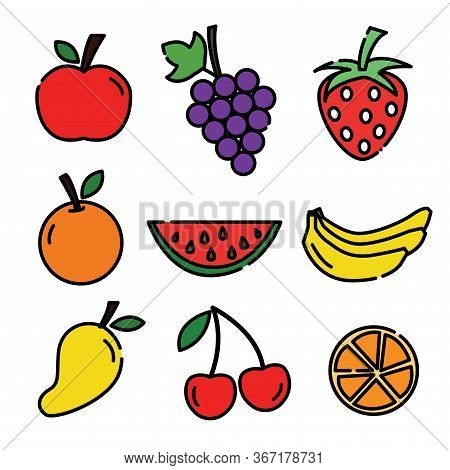 Fruit Icon Set, Mango, Orange, Grape, Bananas, Cherry And Strawberry , Vector Design.