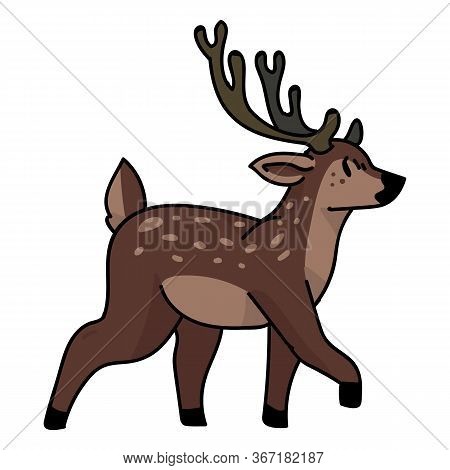 Cute Woodland Walking Deer Vector Illustration. Buck Deer With Antlers. Childlish Hand Drawn Doodle 