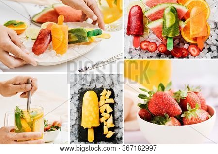 a collage of some pictures of fruit and different homemade natural ice pops made with natural fruit juices and pieces of fruit