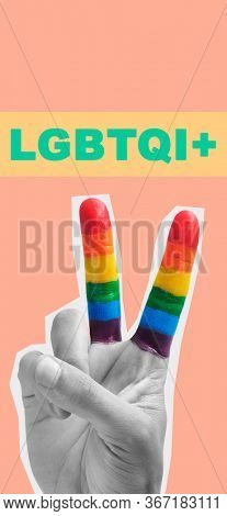 text LGBTQI+ and a hand doing the V sign patterned with the rainbow flag, on a pink background with some blank space on top, in a vertical format to use for mobile stories or as smartphone wallpaper